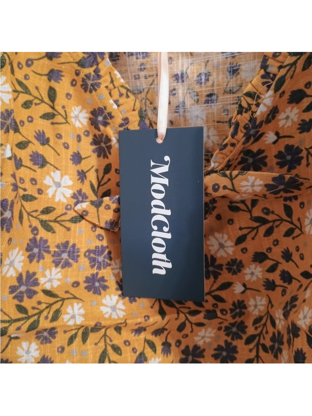 Modcloth Linen Blend Floral Spaghetti Strap Top Gold Purple - Picture 3 of 3